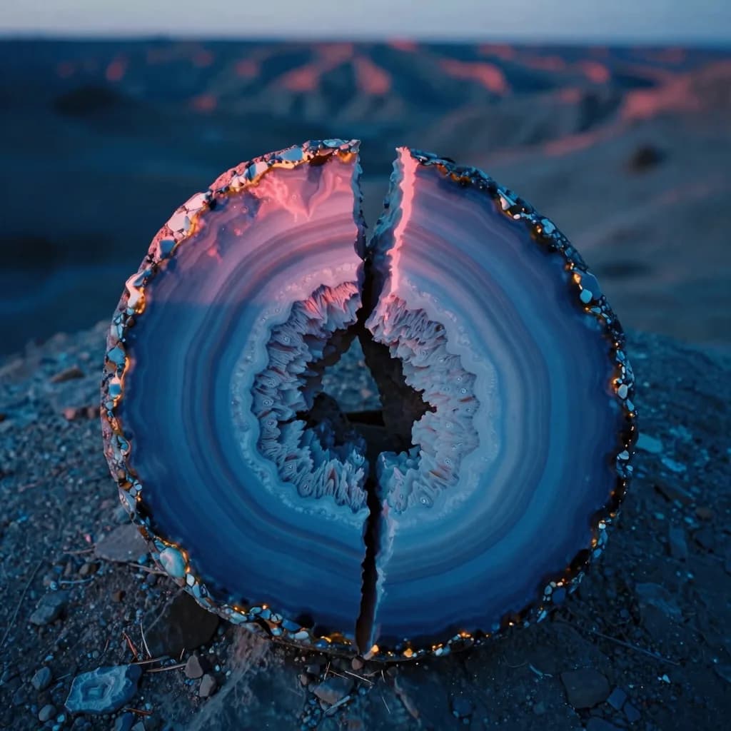 A single broken fragment of crystalline material lit in pink and electric blue, isolated against a darker field.