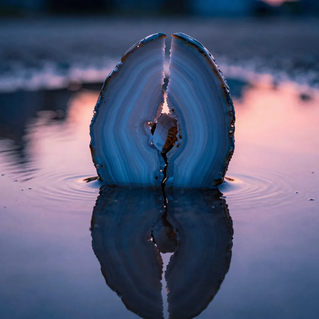 A reflective glass surface bounces a faint pinkish glow back across a still composition, mirrored light pooling near the edge.