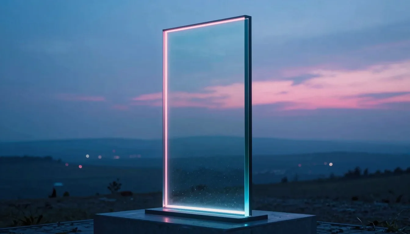 An upright pane of iridescent glass in a soft dawn meadow, a tall glowing two-to-three panel of light set into it.