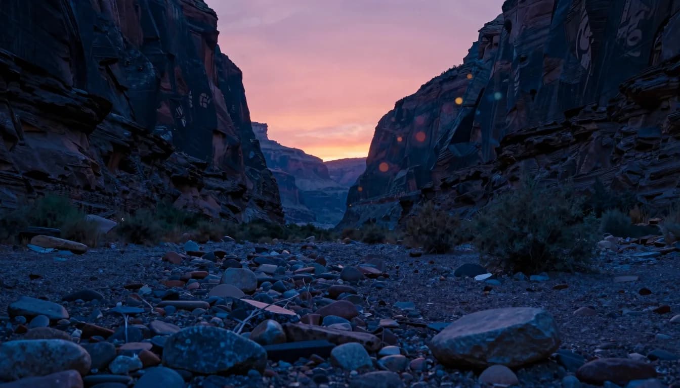 Looking down a long canyon floor at dusk, the canyon walls converging toward a distant point of warm light, leading lines composition.