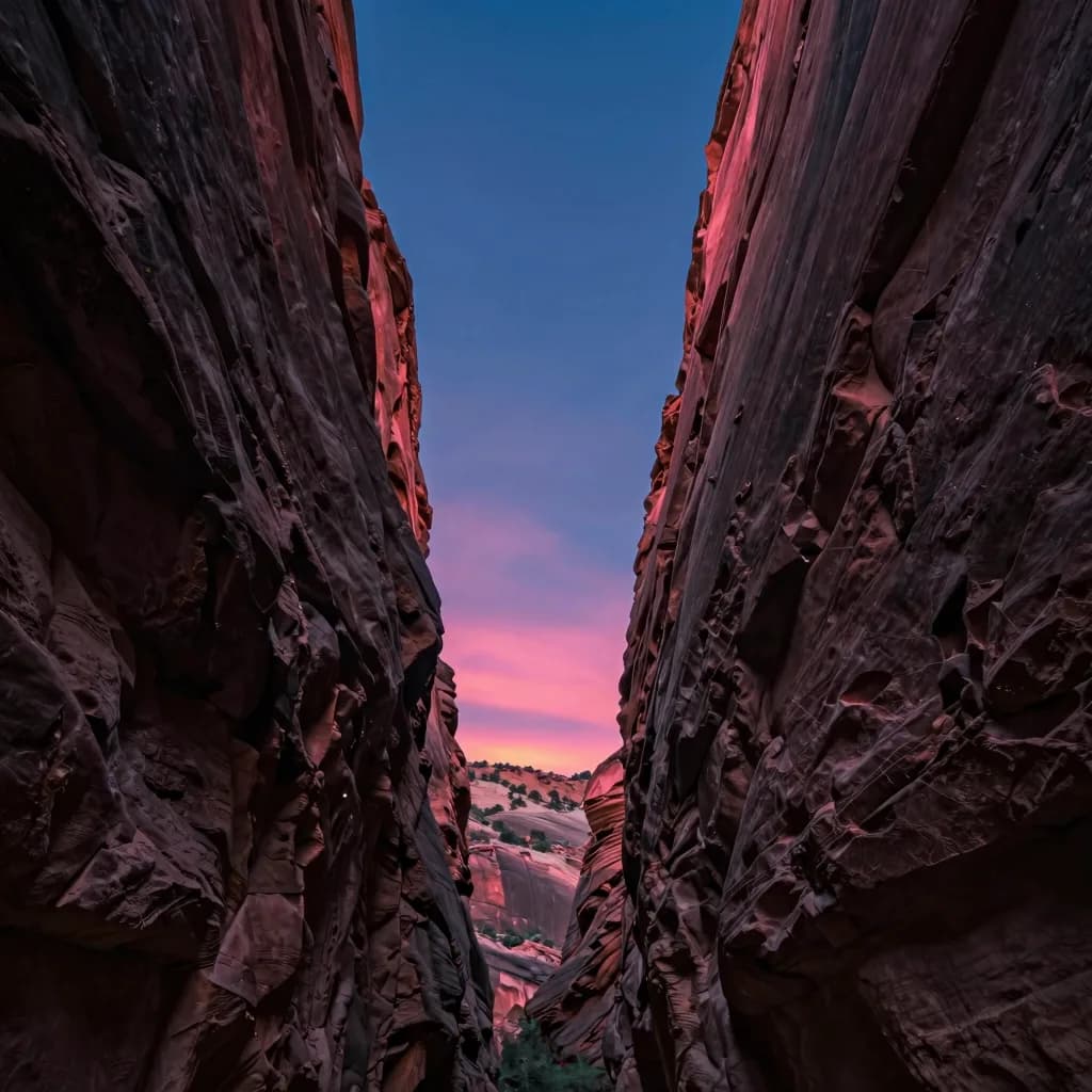 Looking straight up between two tall rocky canyon walls at the strip of sunset sky framed between them, dramatic vertical perspective.