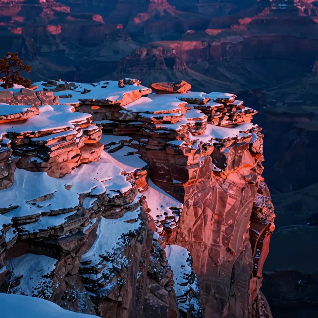 Macro of a single rugged canyon wall surface at sunset, weathered rock layers and snow patches catching warm light.