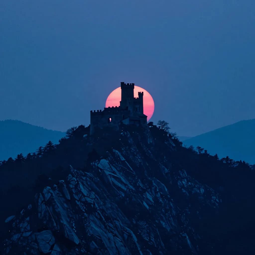 Tight telephoto zoom on a small dark medieval castle silhouette perched on a distant mountain ridge at sunset, the castle small in a vast pink sky.