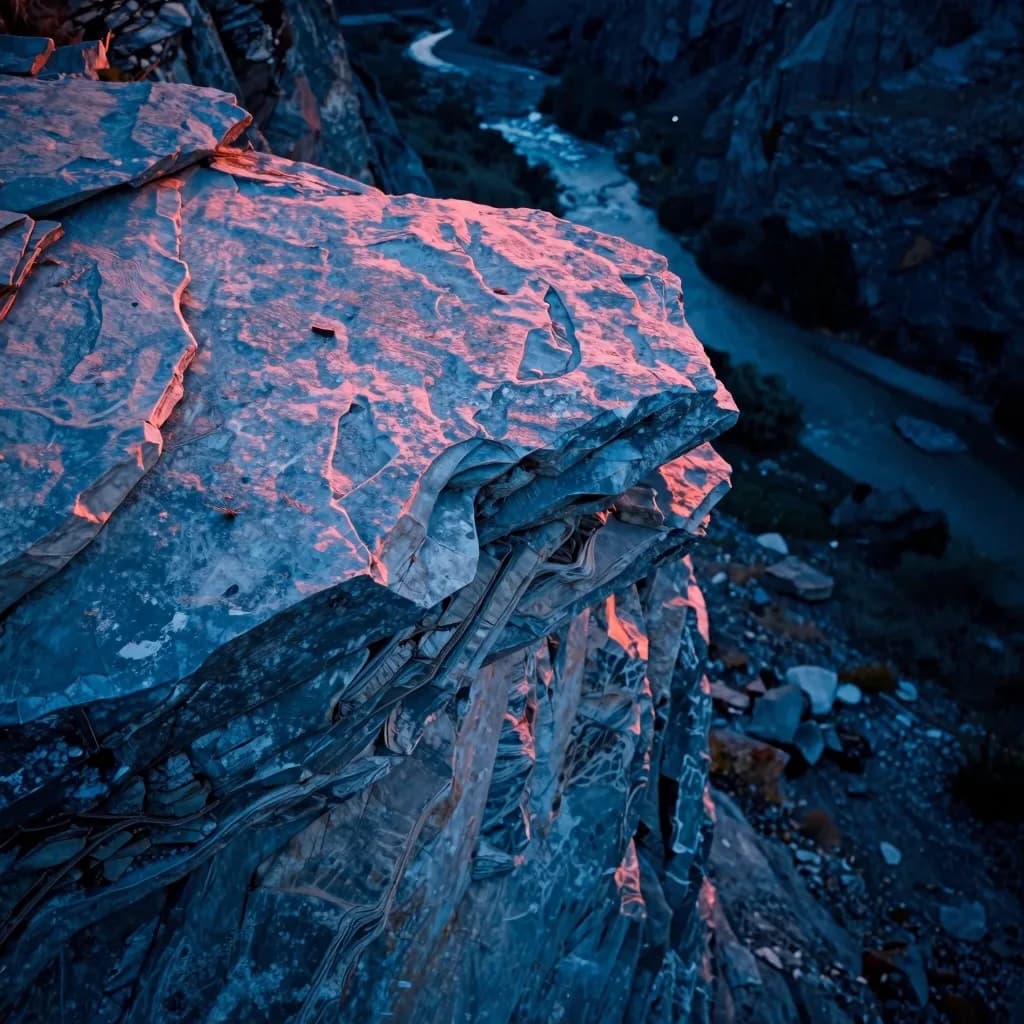 Close fragment of split ice with crystalline edges and a deep glow at the interior of the break.