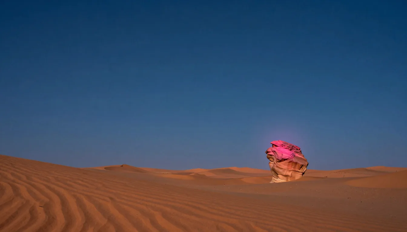 Vast empty orange desert at dusk with the single twisted sandstone formation small in the lower right third, vast empty sand and sky dominating.