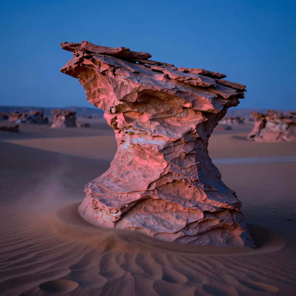 Macro of the base of the twisted sandstone hoodoo where wind-blown orange sand drifts have piled against the eroded stone, layered erosion detail.