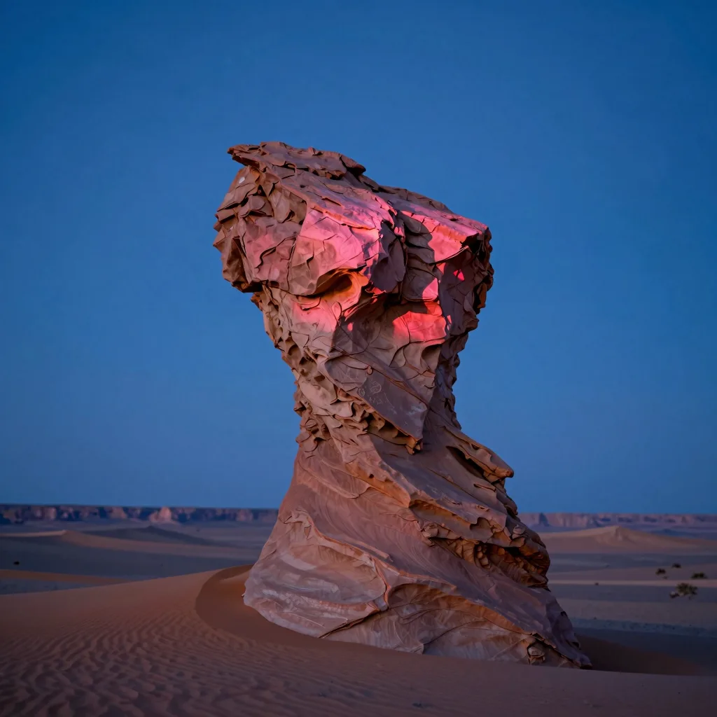 Single twisted sandstone hoodoo rock formation isolated against an open desert dusk sky, dramatic vertical composition with the hoodoo dominating the frame.