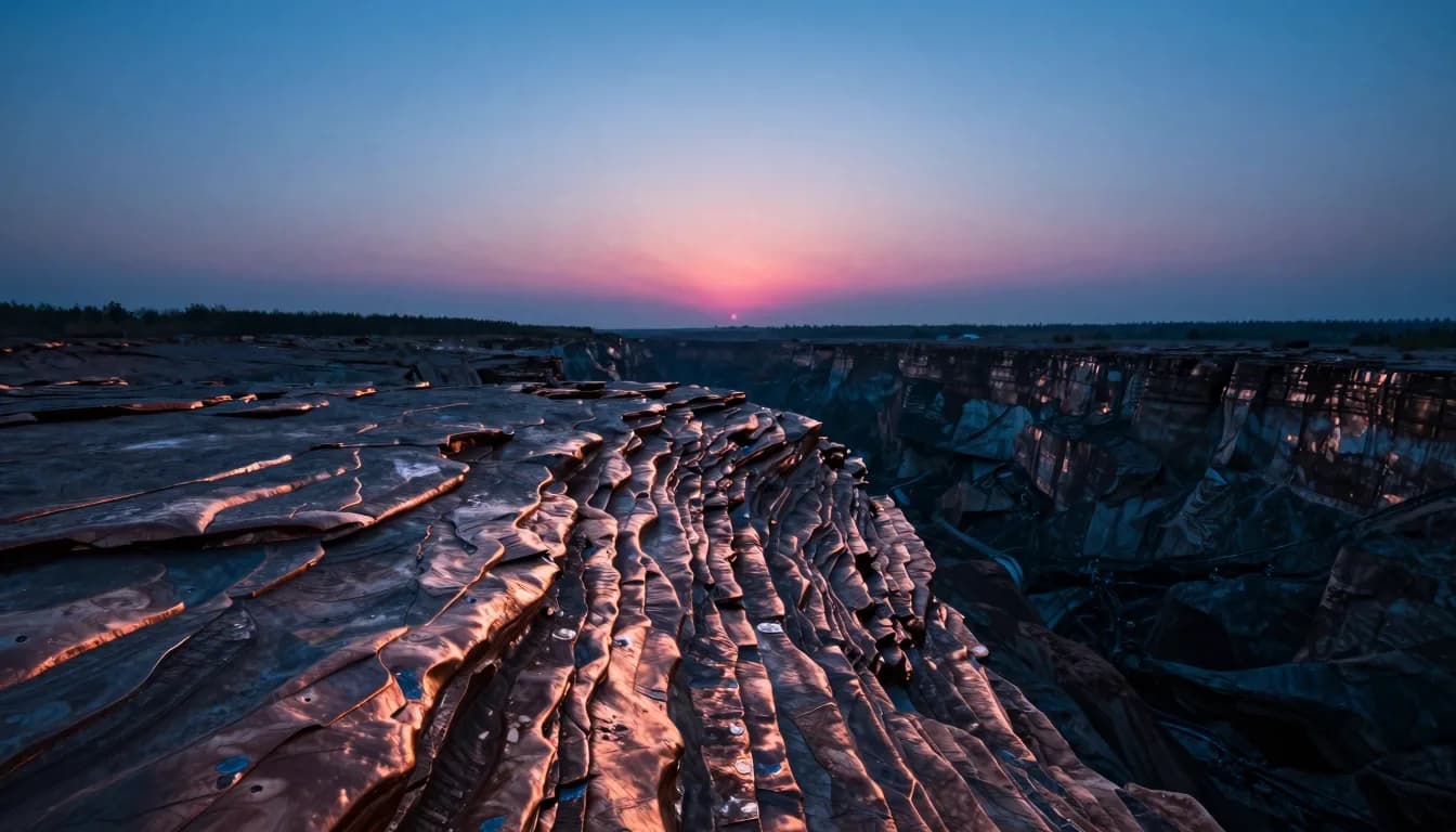Ultra-wide distant view of an ice cave mouth as a small bright opening in a vast cold field.