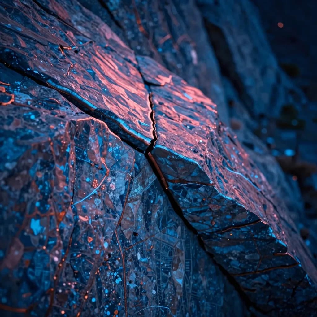 Close fragment of split ice with crystalline edges and a deep interior glow at the break.