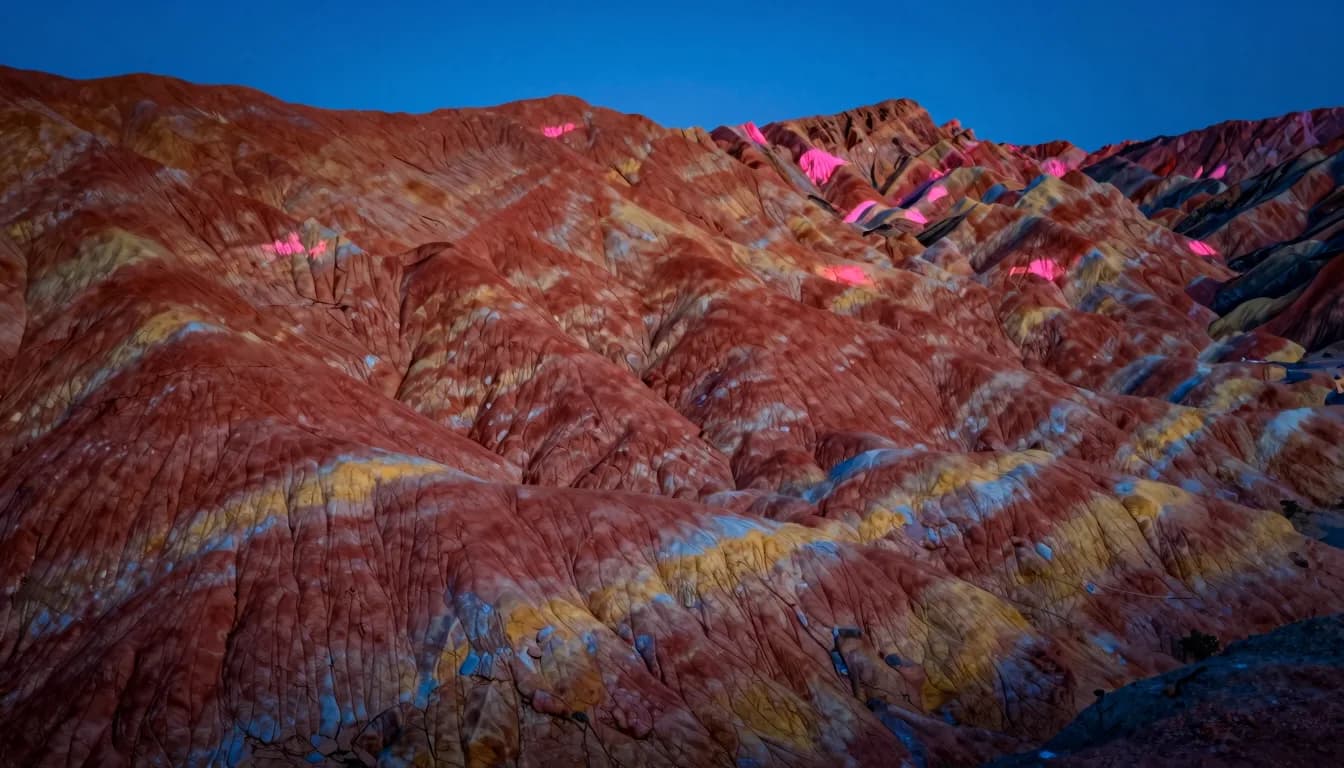 A single dramatic color band cutting horizontally across a landscape of eroded colorful hills.