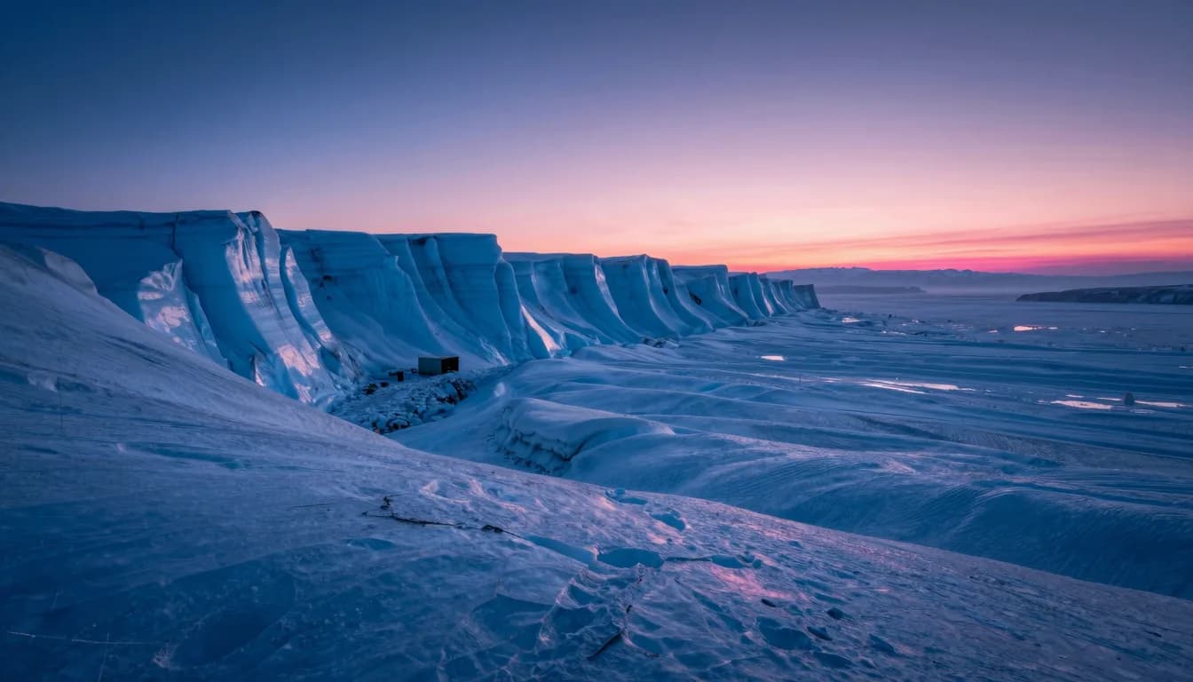 Ultra-wide distant shot of an ice cave mouth as a small bright opening in a vast cold landscape.