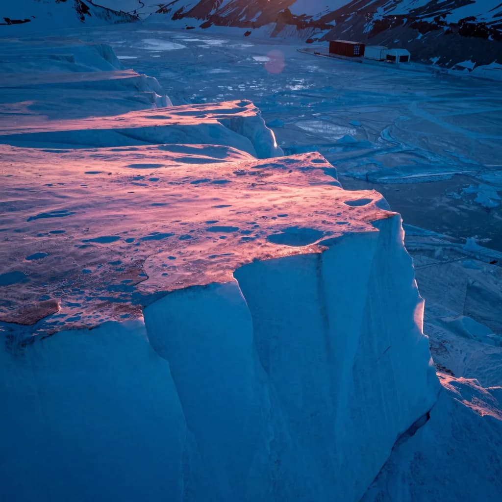 Close fragment of split ice with crystalline edges and a deep glow at the interior of the break.