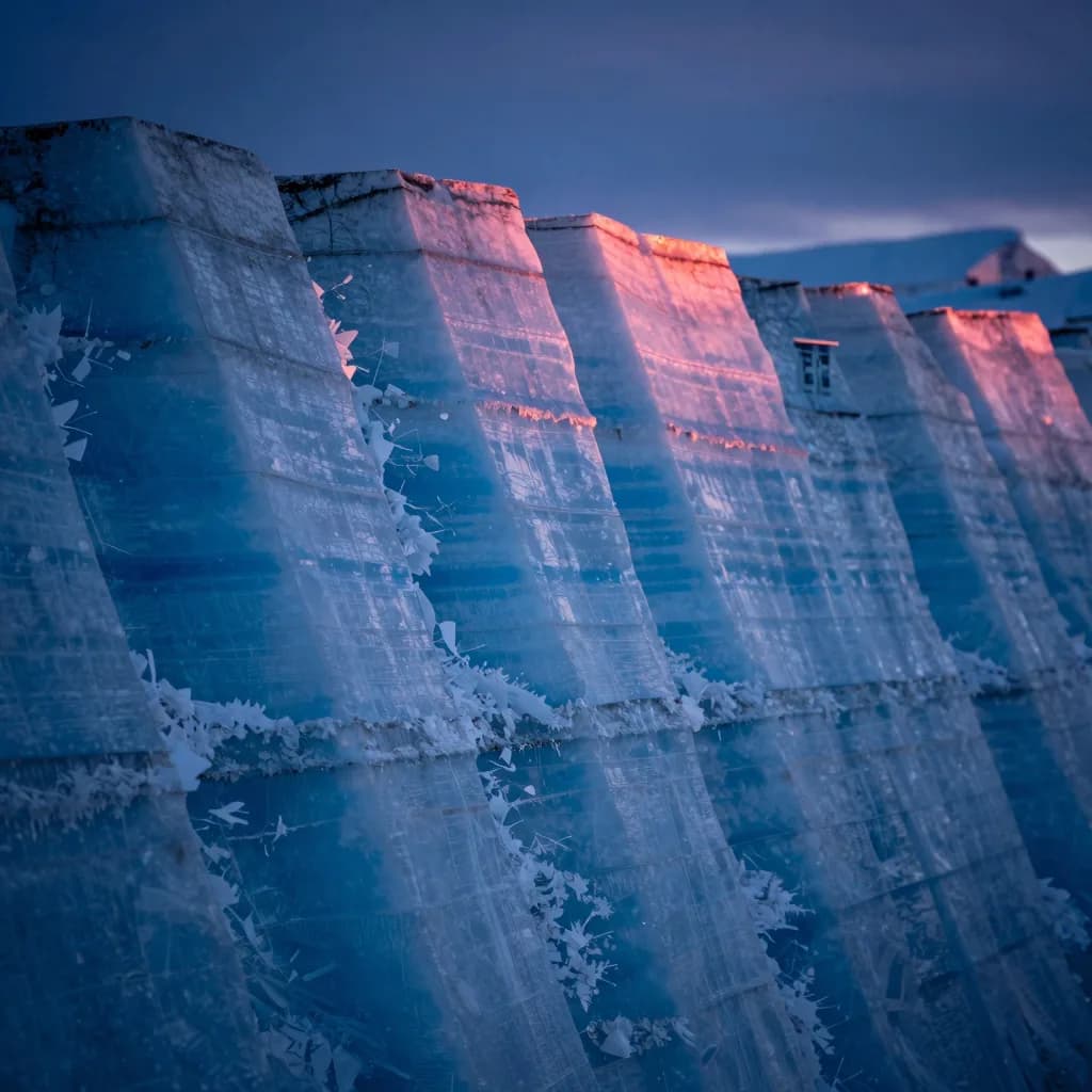 Tight macro of a single ice shard with sharp fractures, refractive surfaces catching cold blue light.