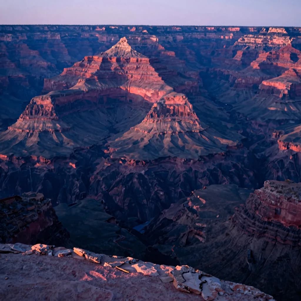 From the canyon edge looking straight down into the layered rock depths at sunset, the canyon wall opposite visible across the chasm.