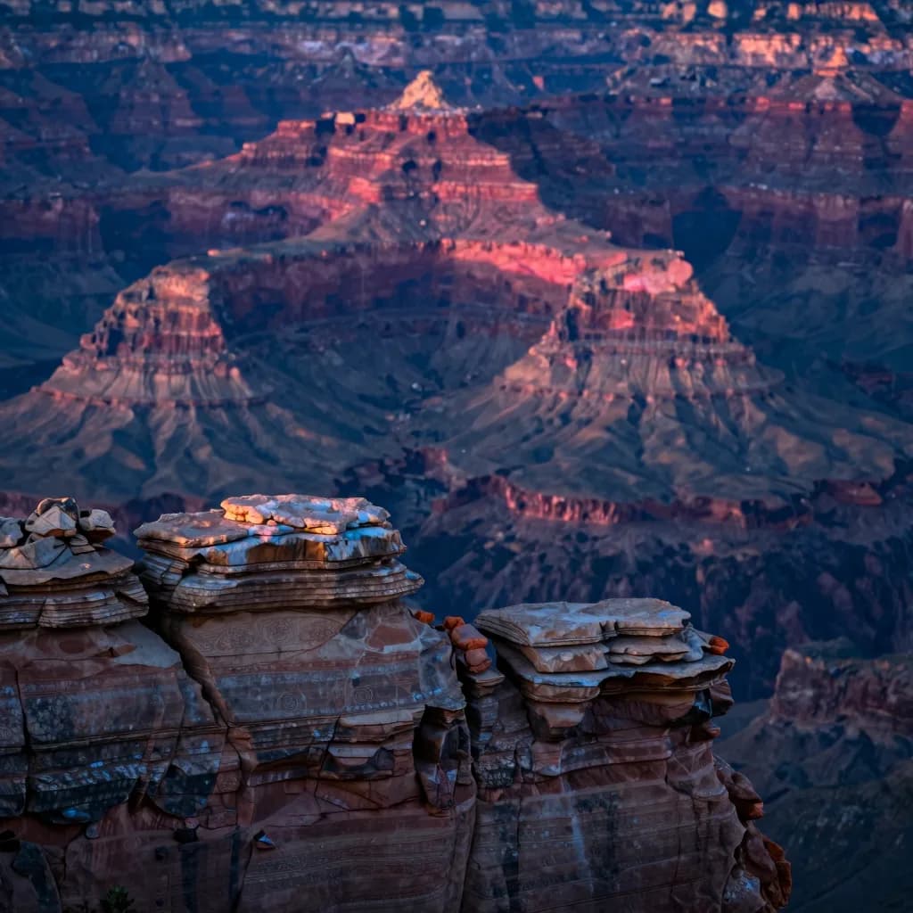 Close-up macro of layered Grand Canyon rock strata at sunset showing fine sedimentary banding in shades of brown, grey, and red.