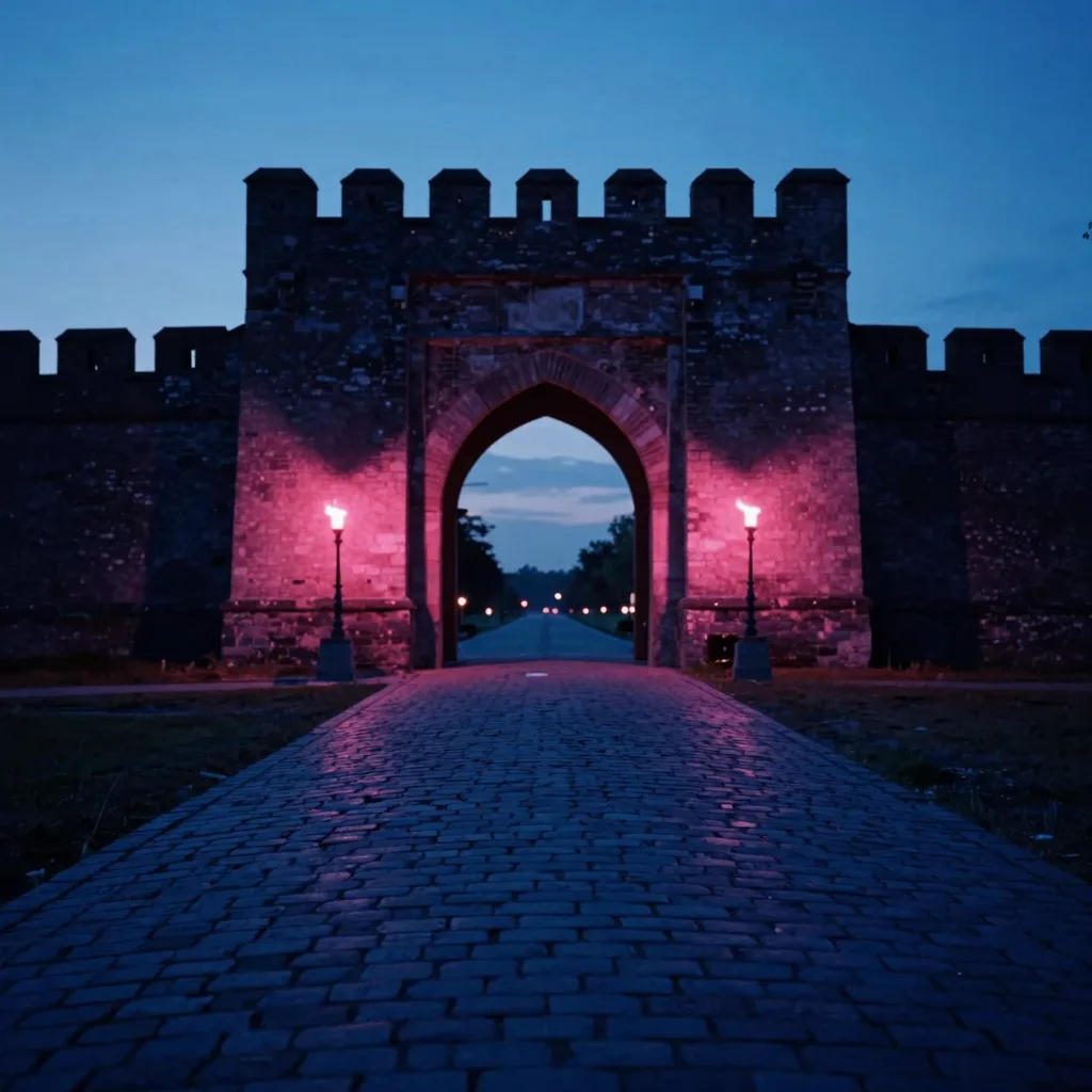 atmospheric wide of cavern arch interior with electric-blue ambient and hot-pink rim accent - companion image for the schema markup for DTC product pages guide