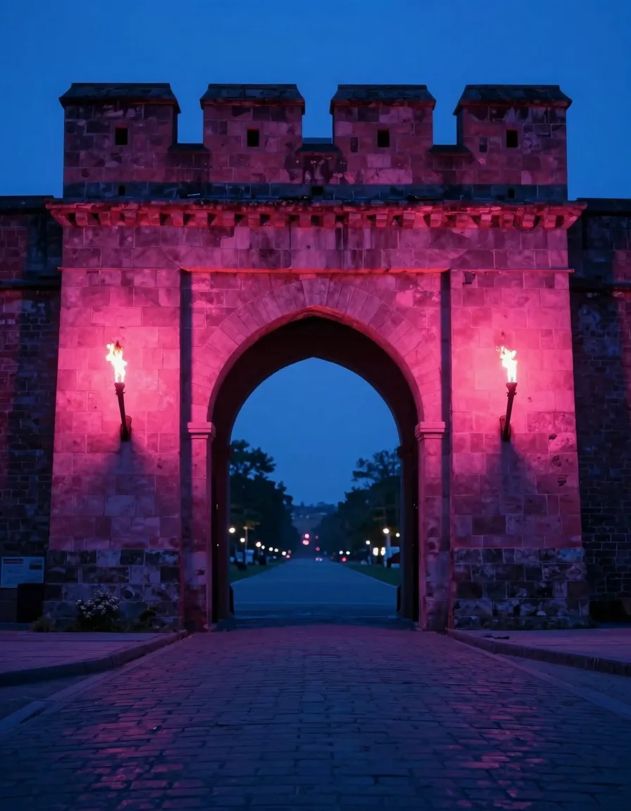 portrait orientation of cavern arch interior with electric-blue ambient and hot-pink rim accent - companion image for the schema markup for DTC product pages guide