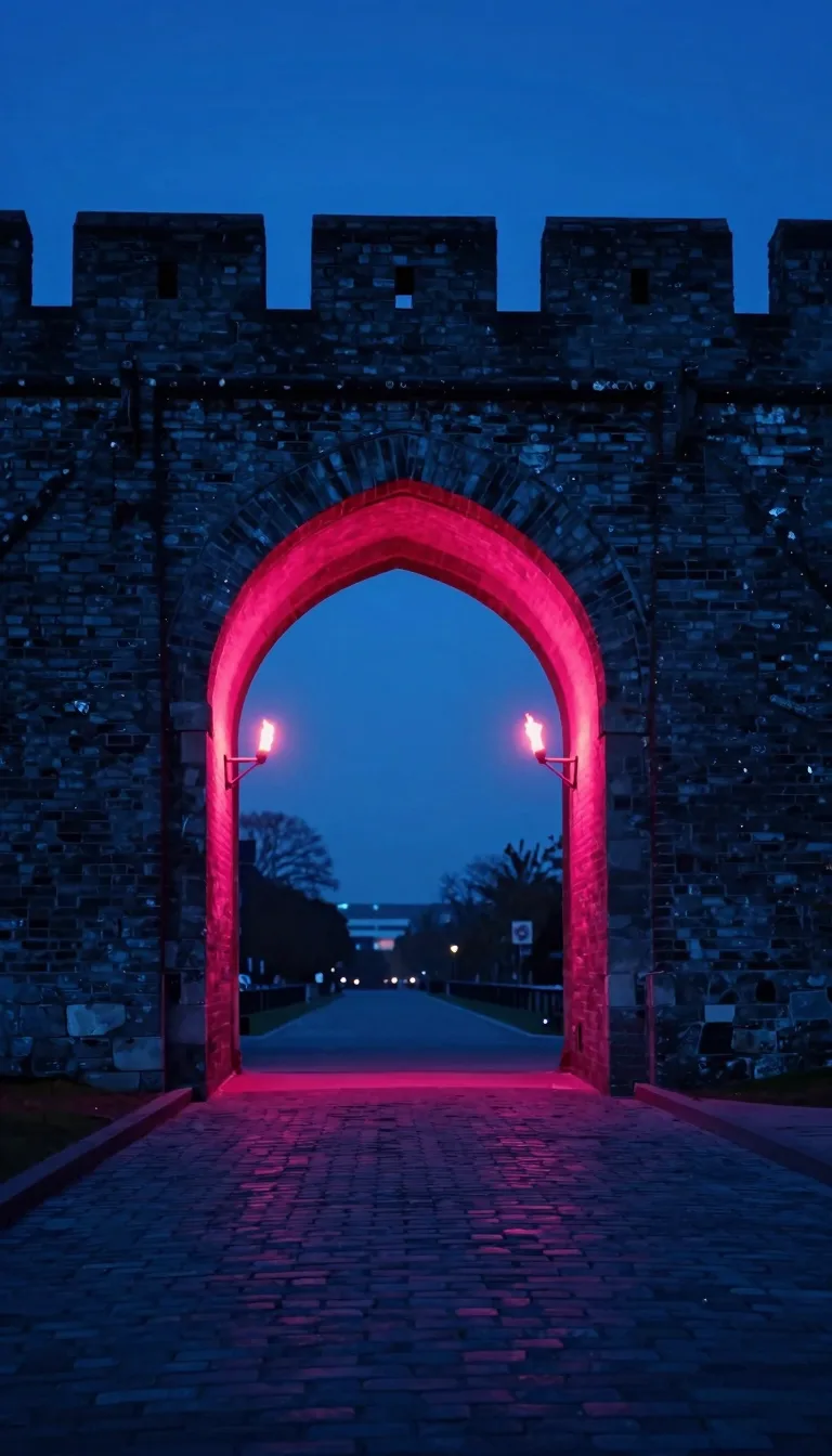 tall vertical of cavern arch interior with electric-blue ambient and hot-pink rim accent - companion image for the schema markup for DTC product pages guide