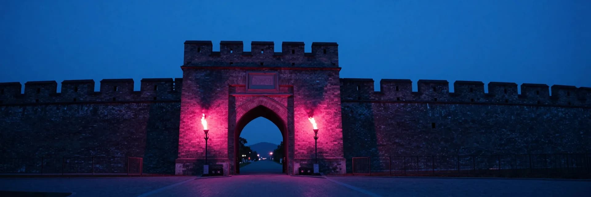 ultra-wide strip of cavern arch interior with electric-blue ambient and hot-pink rim accent - hero image for the schema markup for DTC product pages guide