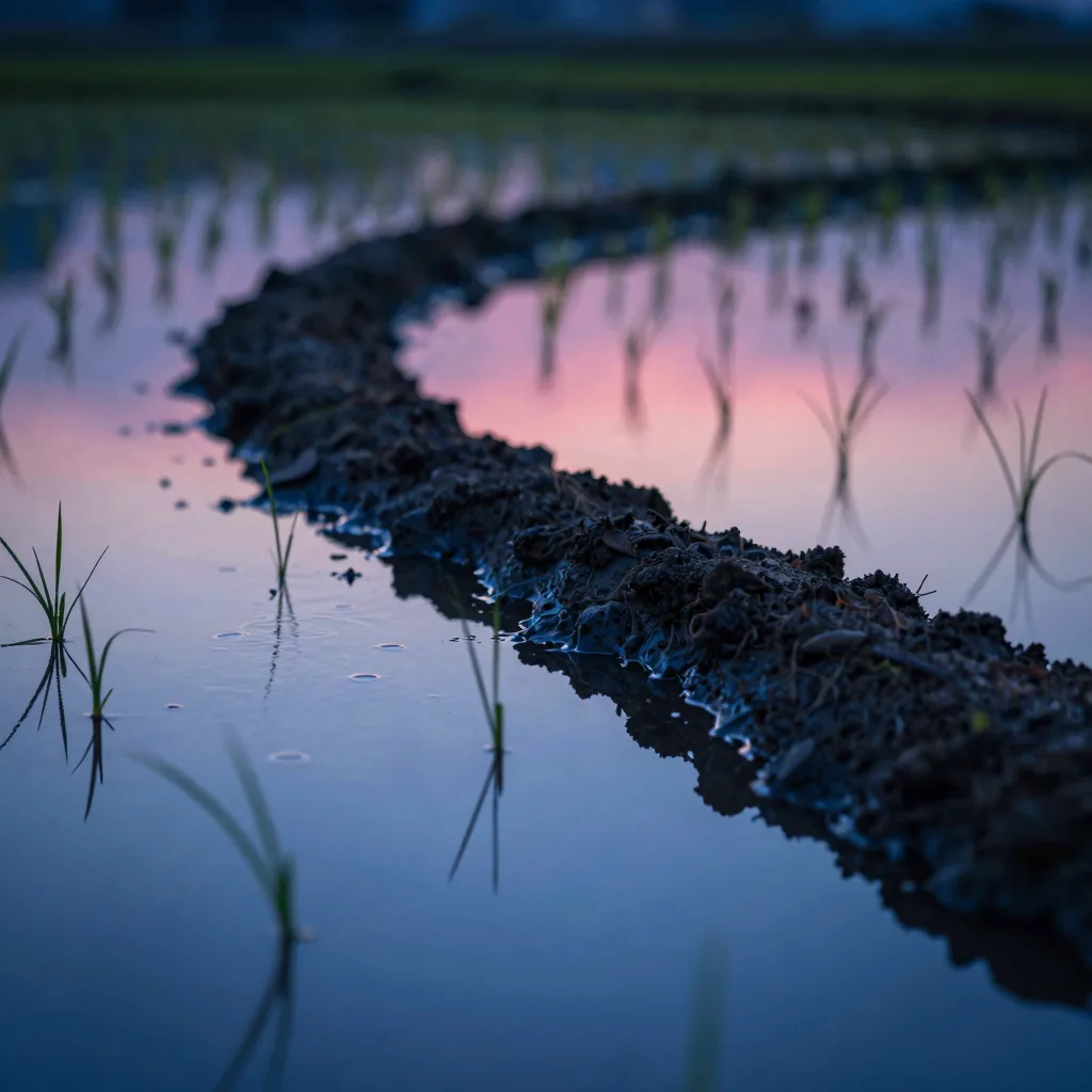 Close-up macro of a single section of flooded rice paddy at dusk, the wet surface reflecting the gradient sky, terrace soil ridge visible at the edge.