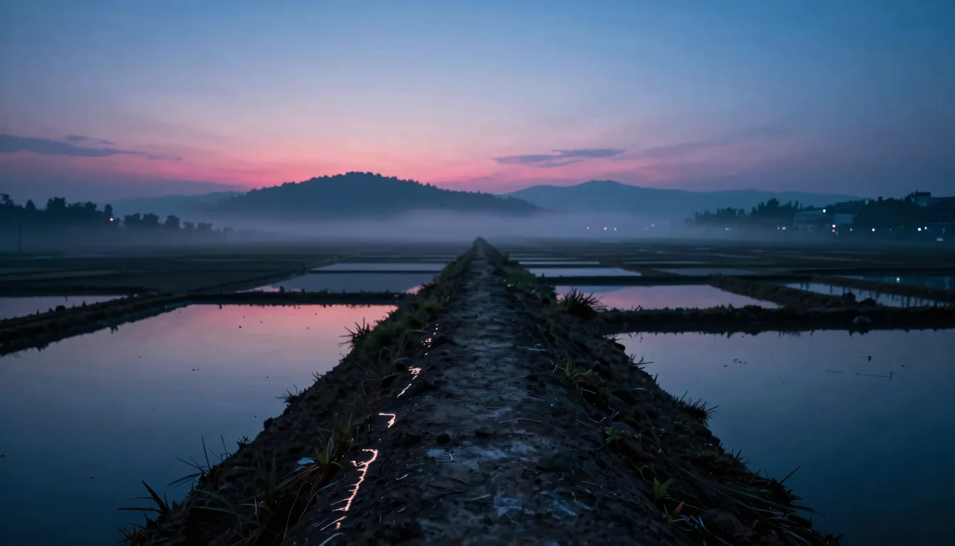 Looking down a single terrace toward the misty distance at dusk, dark soil leading line of the terrace ridge guiding the eye to a vanishing point.