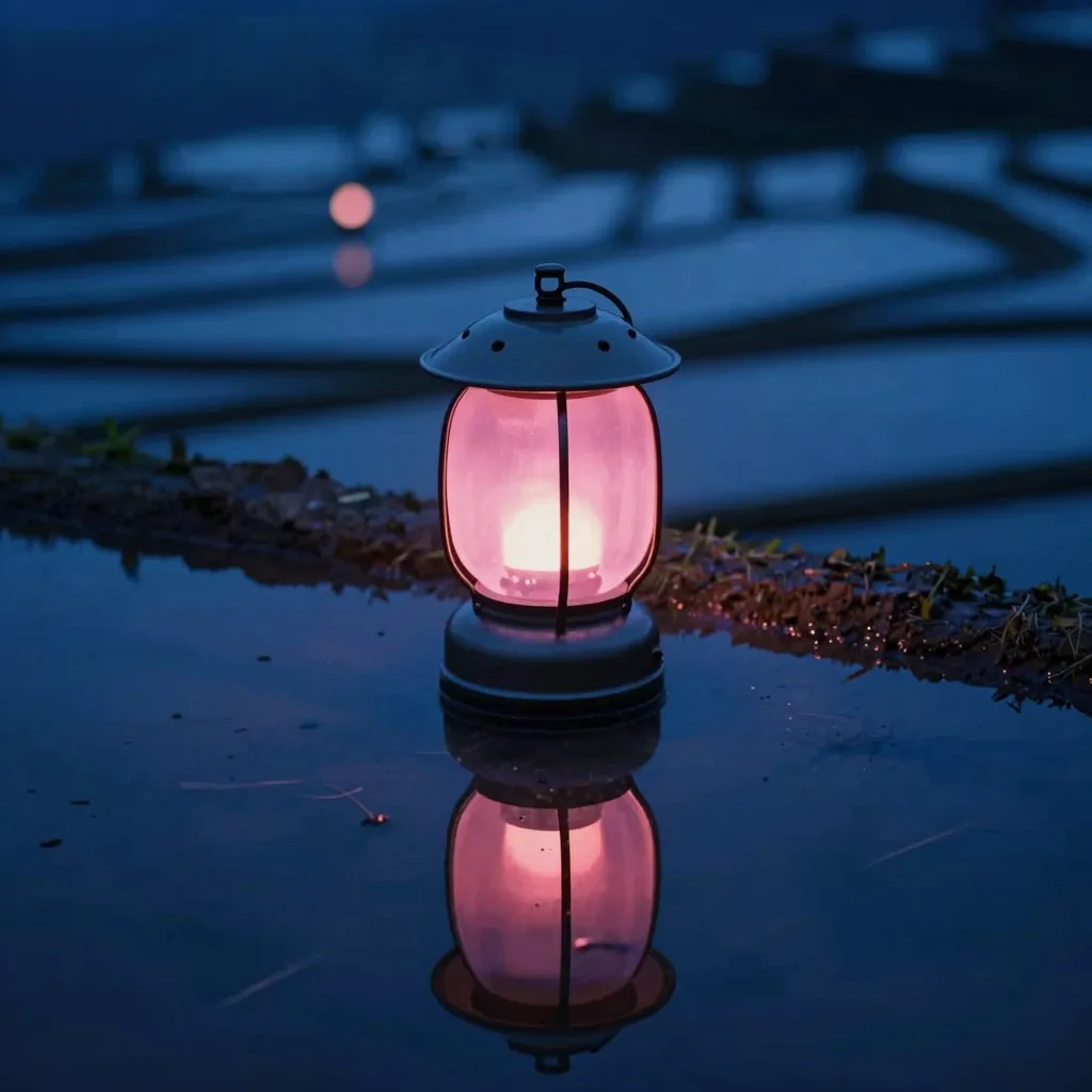 Close-up of a single illuminated lamp along a rice terrace at dusk, warm pink glow reflecting on the wet paddy water below.