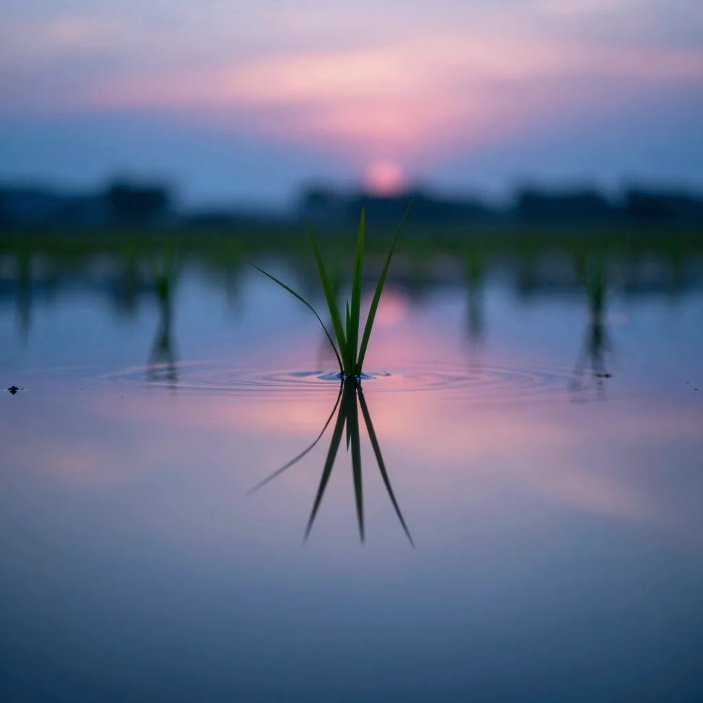 Close-up of a single flooded paddy at dusk perfectly reflecting the gradient pink-blue sky overhead, mirror composition.