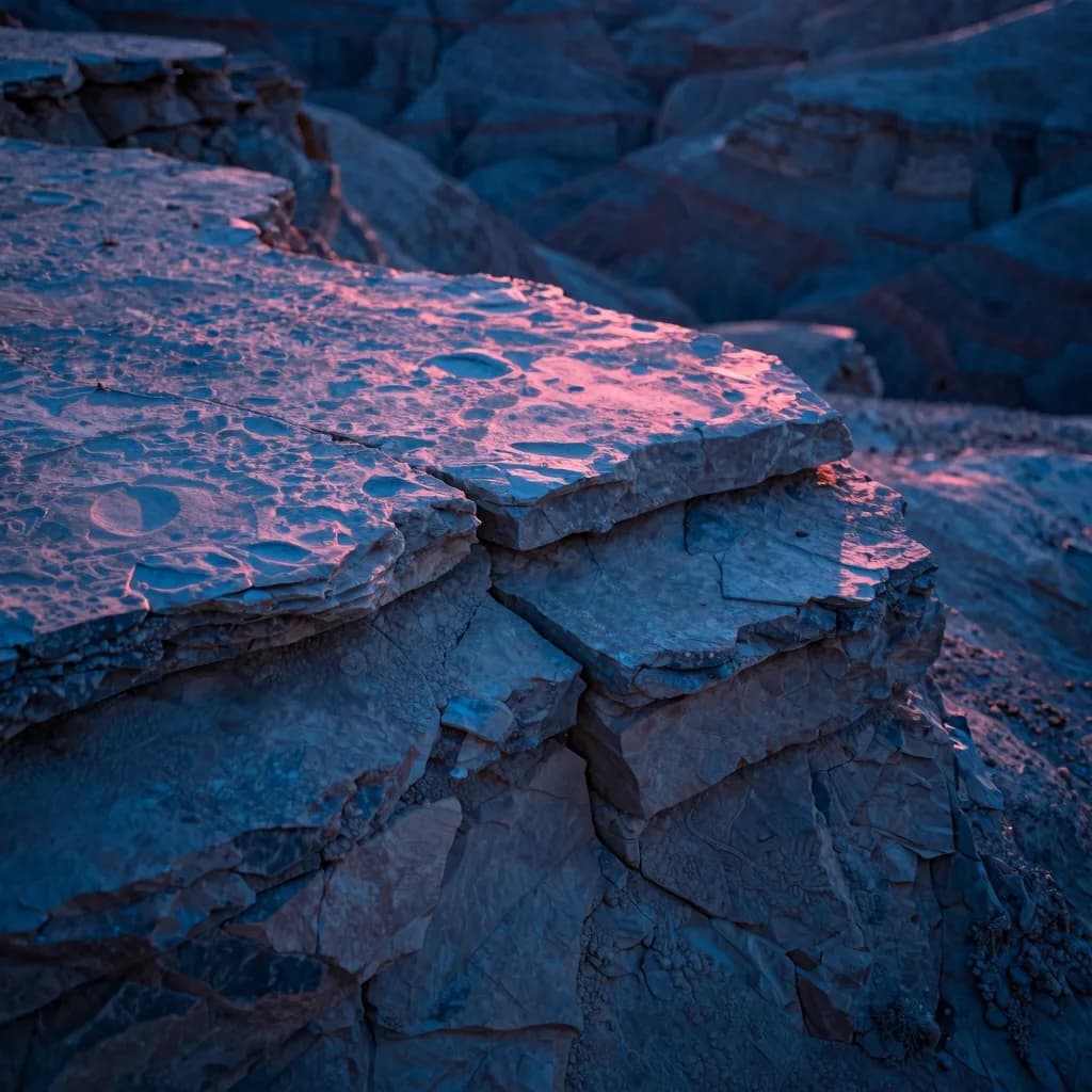 A single isolated geometric fragment lit by competing cool blue and warm pink, dark negative space behind.