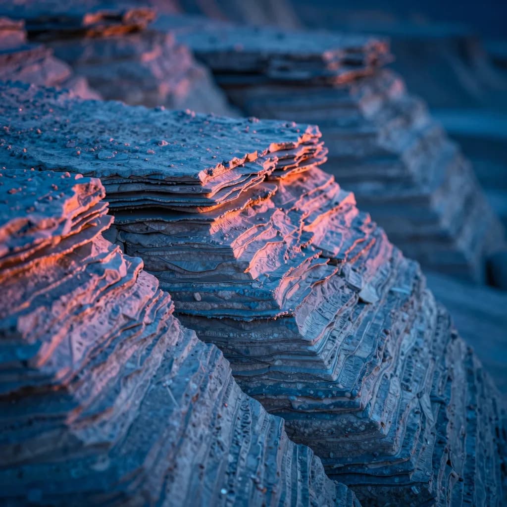 Close-up macro of stacked translucent glass slabs with thin pink rim light catching the top edge.