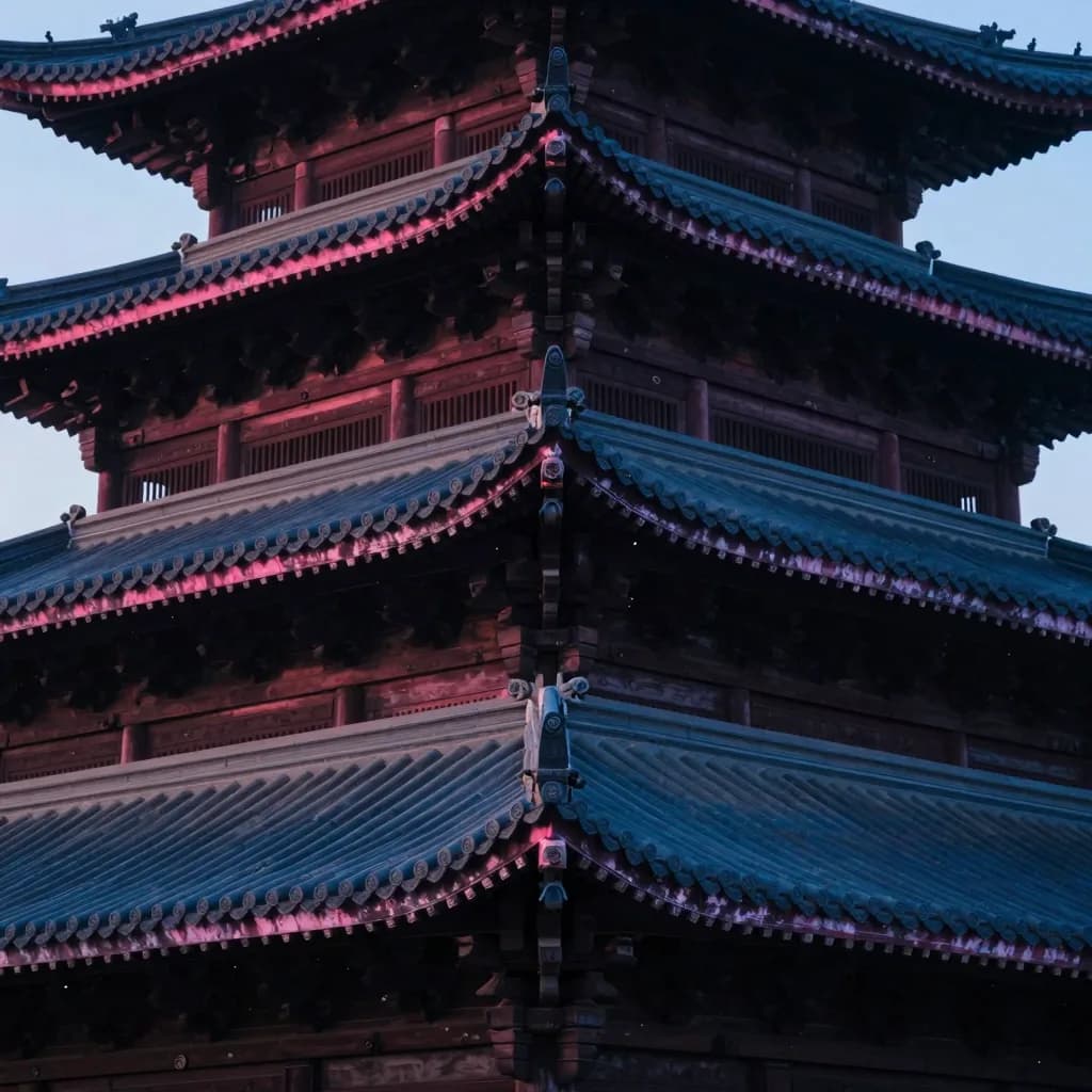 Close-up of the multi-tiered temple roof at sunset showing layered tile detail, ornate eaves, and weathered timber frame.