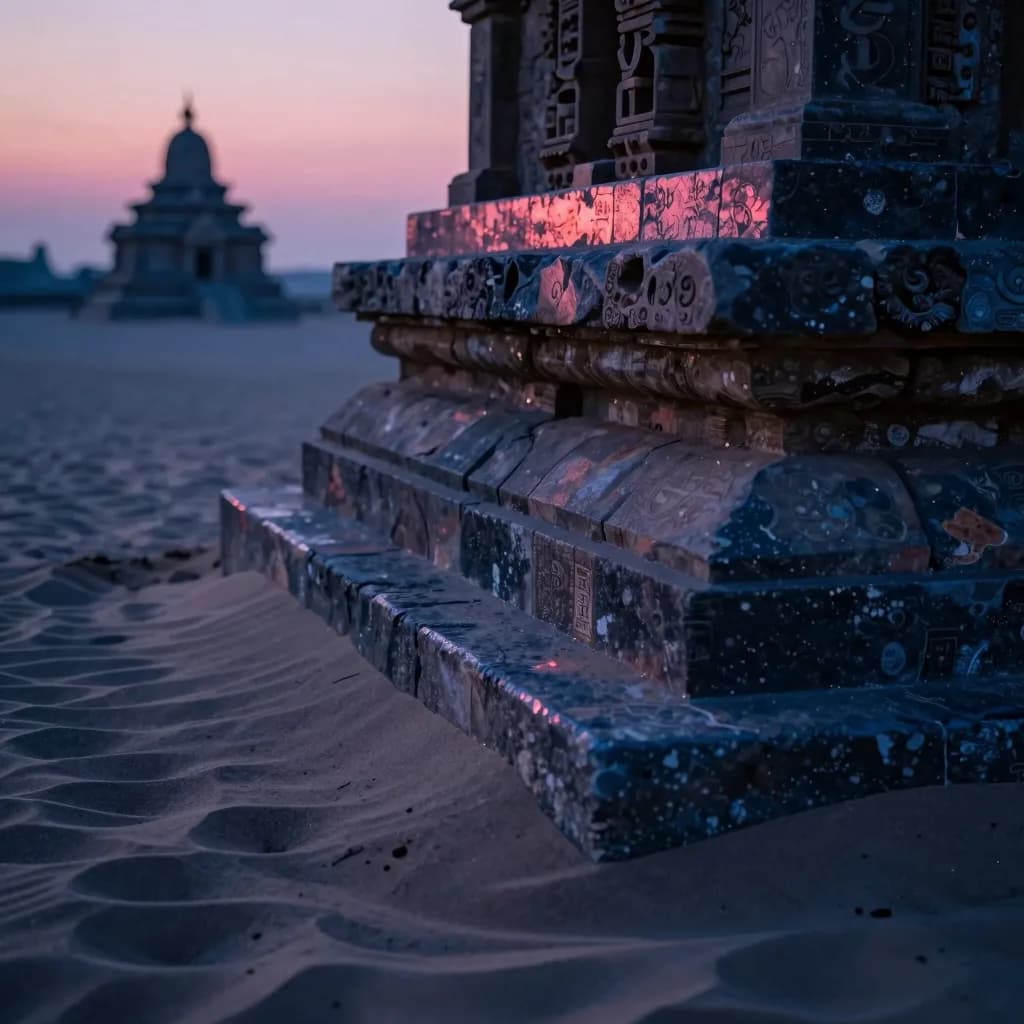 Close-up of the base of the temple at sunset where the temple foundation meets the sand, weathered stone meeting rippled dune.