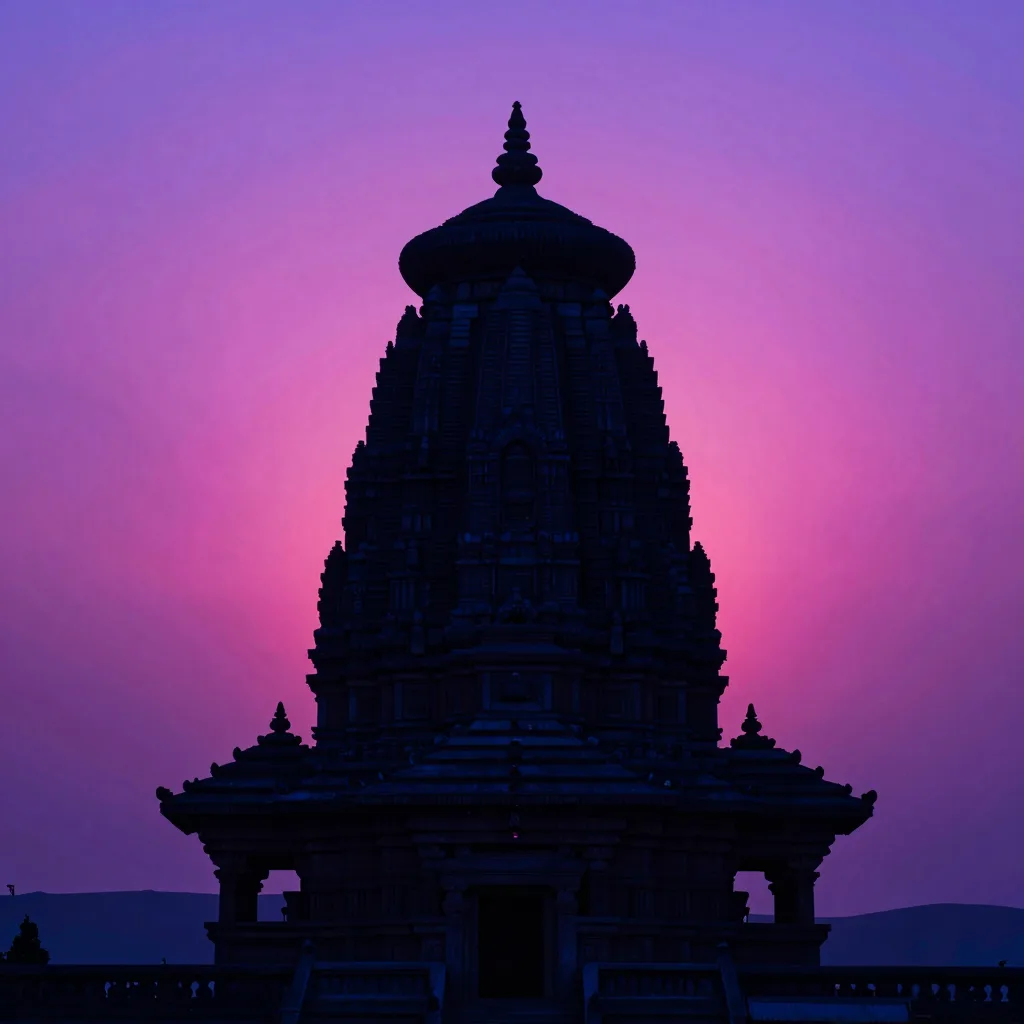 The temple silhouetted dark against a bright pink and purple sunset, multi-tiered roof dominant, sunset glow concentrated directly behind.