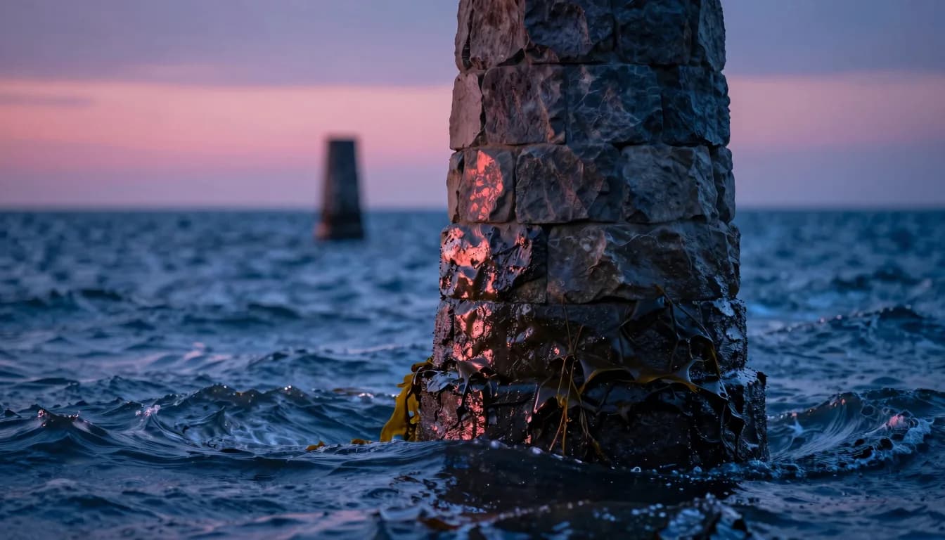 Partially submerged base of a single stone pillar at sunset where the pillar disappears into the ocean below, seaweed strands waving with the wave motion.