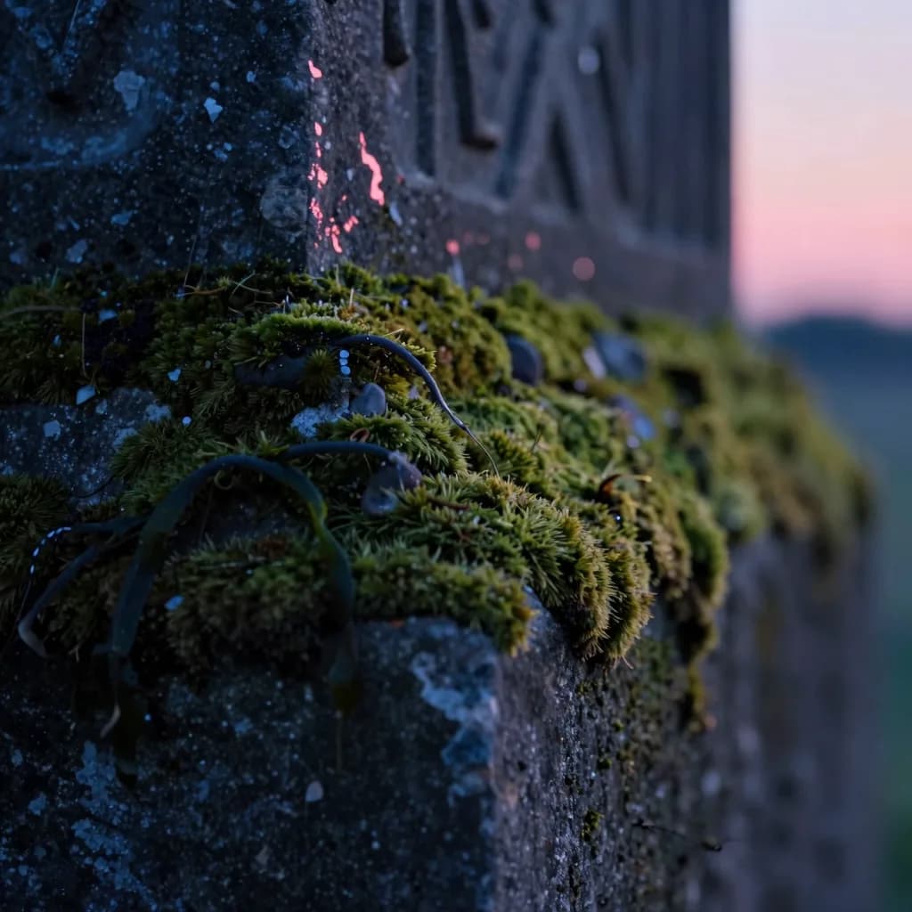 Close-up macro of weathered stone surface from a single pillar showing moss colonies, seaweed strands, salt erosion, and carved pattern detail.