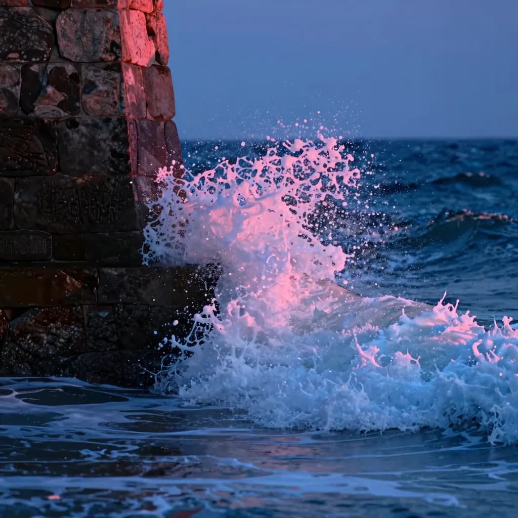 Close-up of a single ocean wave breaking against the base of one stone pillar at sunset, white-capped foam exploding against the weathered stone.