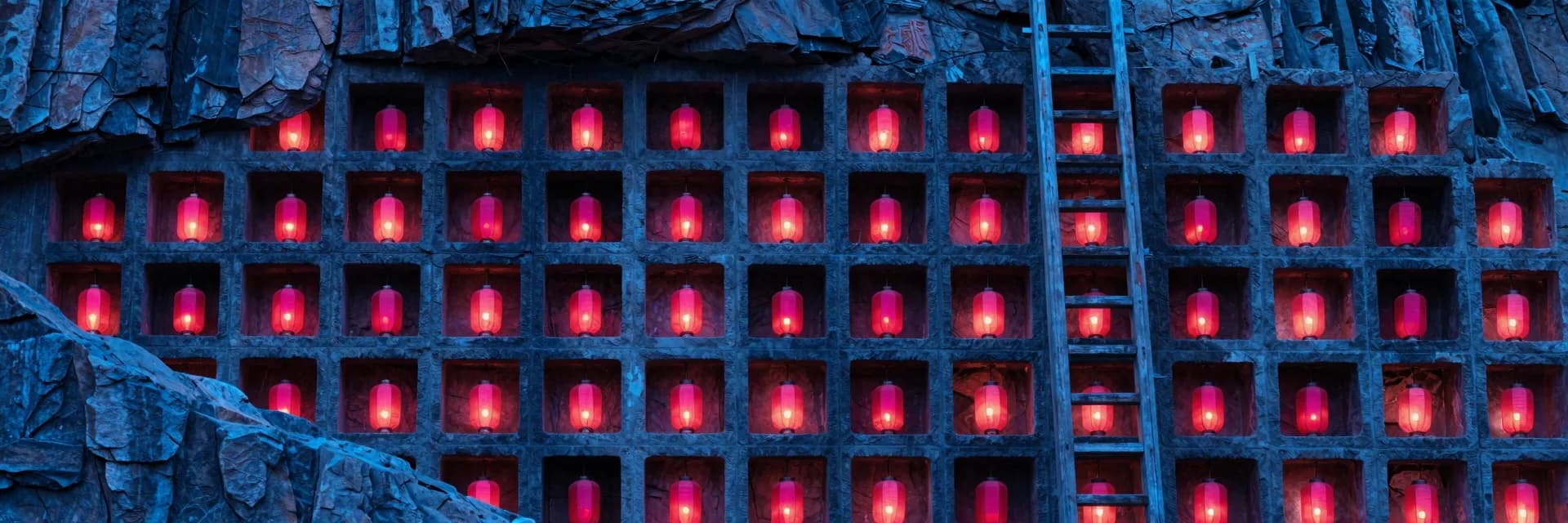 Ultra-wide of the rock face at dusk showing the full grid of rectangular alcoves with lit red lanterns, wooden ladder visible on the right ascending alongside.
