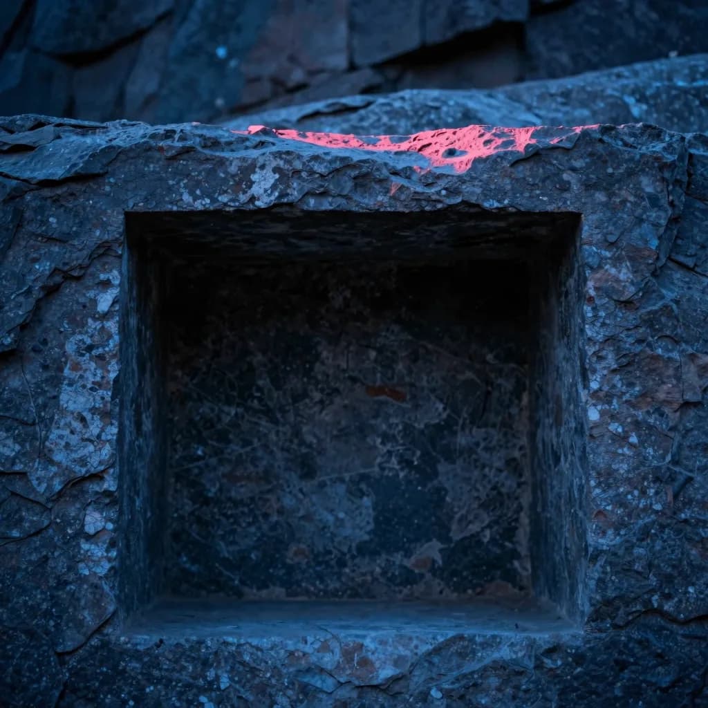 Single empty rectangular alcove carved into the cool-toned rock face at dusk, no lantern present, deliberate negative-space composition.