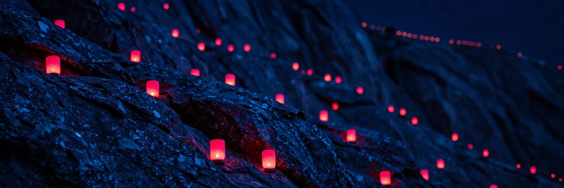Ultra-wide of the rock face at full night showing only the constellation of glowing red lanterns visible against an almost-black surrounding rock surface.