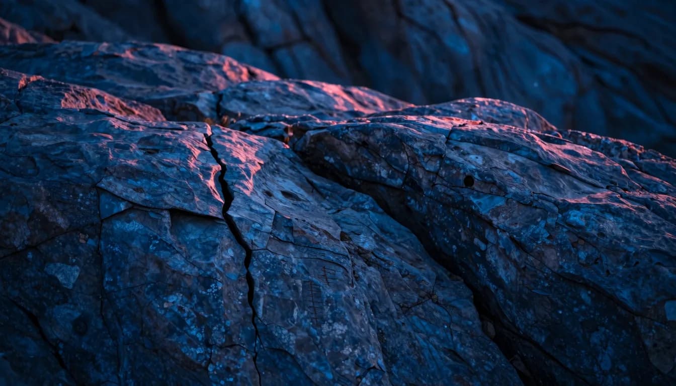 Textured rock surface between the alcoves at dusk, weathered stone showing visible cracks and erosion, no alcoves in this section, cool blue tonality.