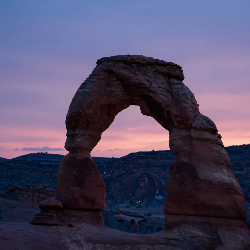 A single sandstone arch isolated against a clear twilight sky