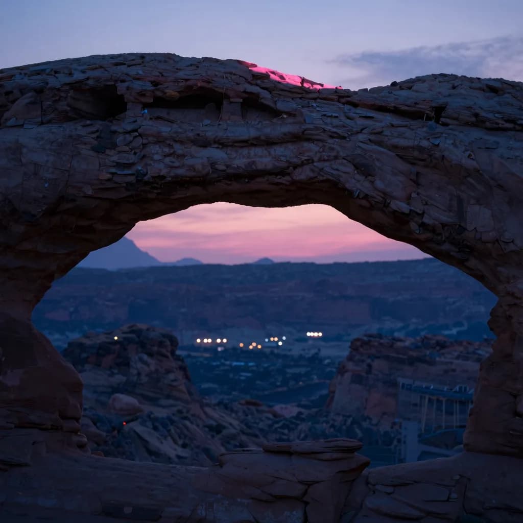 Looking up at the curved underside of a natural sandstone arch with twilight sky framing the opening