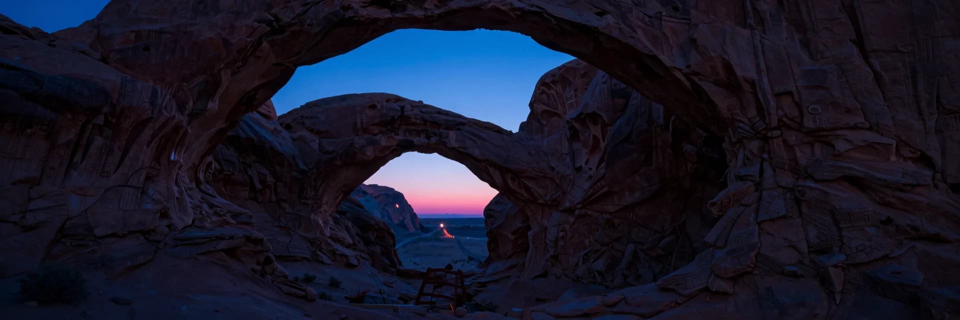 Ultra-wide composition of sandstone arches receding into a vanishing point across desert terrain