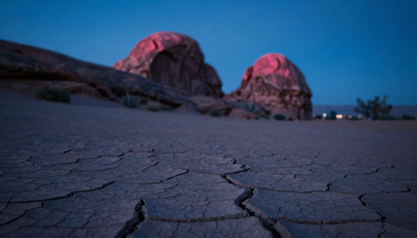 Desert landscape with rocky foreground and sandstone arches receding into the distance at twilight
