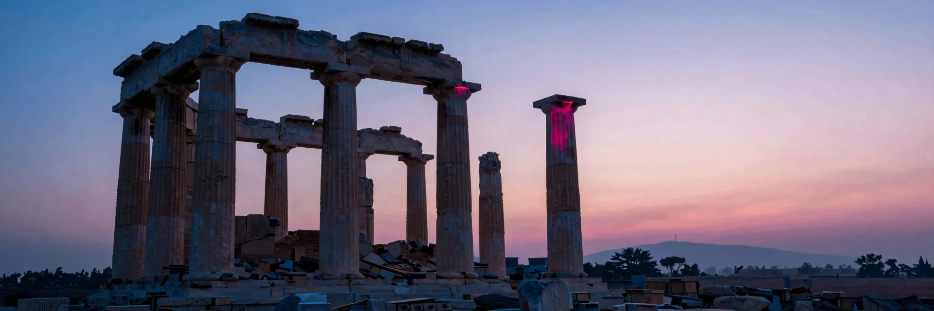 Ultra-wide view showing a single column rendered small against the vast scale of a temple ruin, emphasizing dramatic horizontal scale.