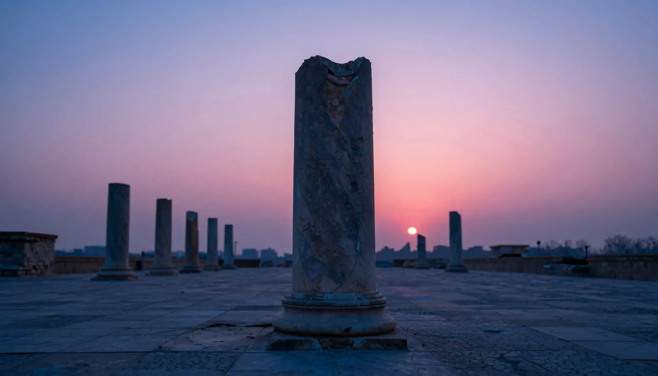 Landscape composition with a single broken column dominating the vertical space of the temple ruin.