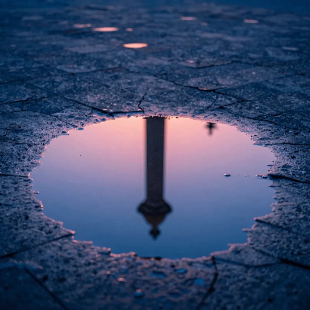A water puddle on a tile floor reflecting the broken columns above.