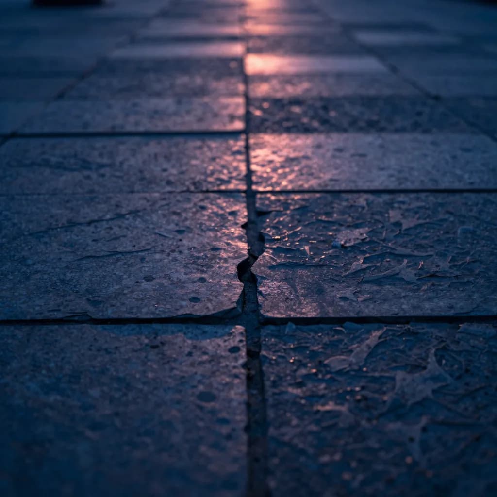 Close-up of a cracked ancient tile with mineral deposits accumulating in the fissures.