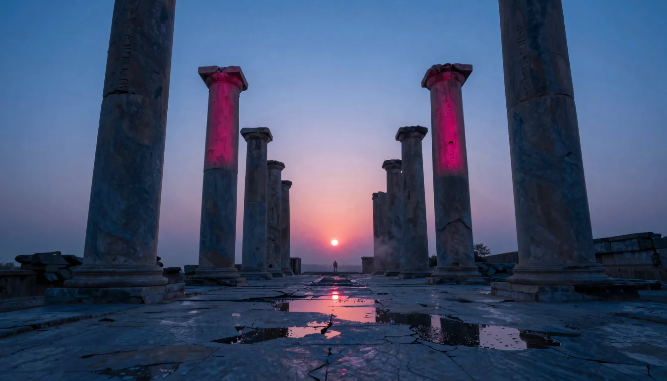 Medium-wide view of a ruined ancient temple interior with broken stone columns and shallow water puddles on a weathered tile floor.