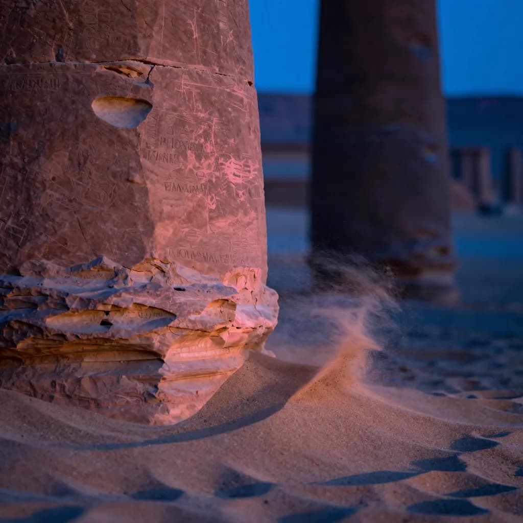 Tight macro of the base of a single eroded sandstone pillar where wind-blown orange sand drifts have piled against the stone.