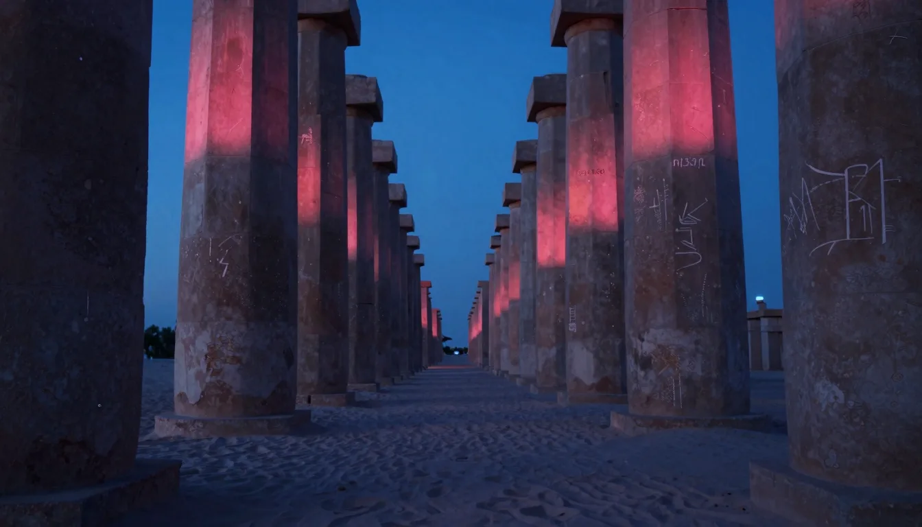 Low corridor walking POV between two rows of identical eroded sandstone pillars at dusk, the pillars receding to a vanishing point, architectural composition.